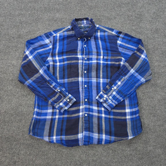 Ralph Lauren Other - Ralph Lauren‎ Shirt Mens Extra Large Blue Plaid 100% Linen Pony Logo Dress Prep